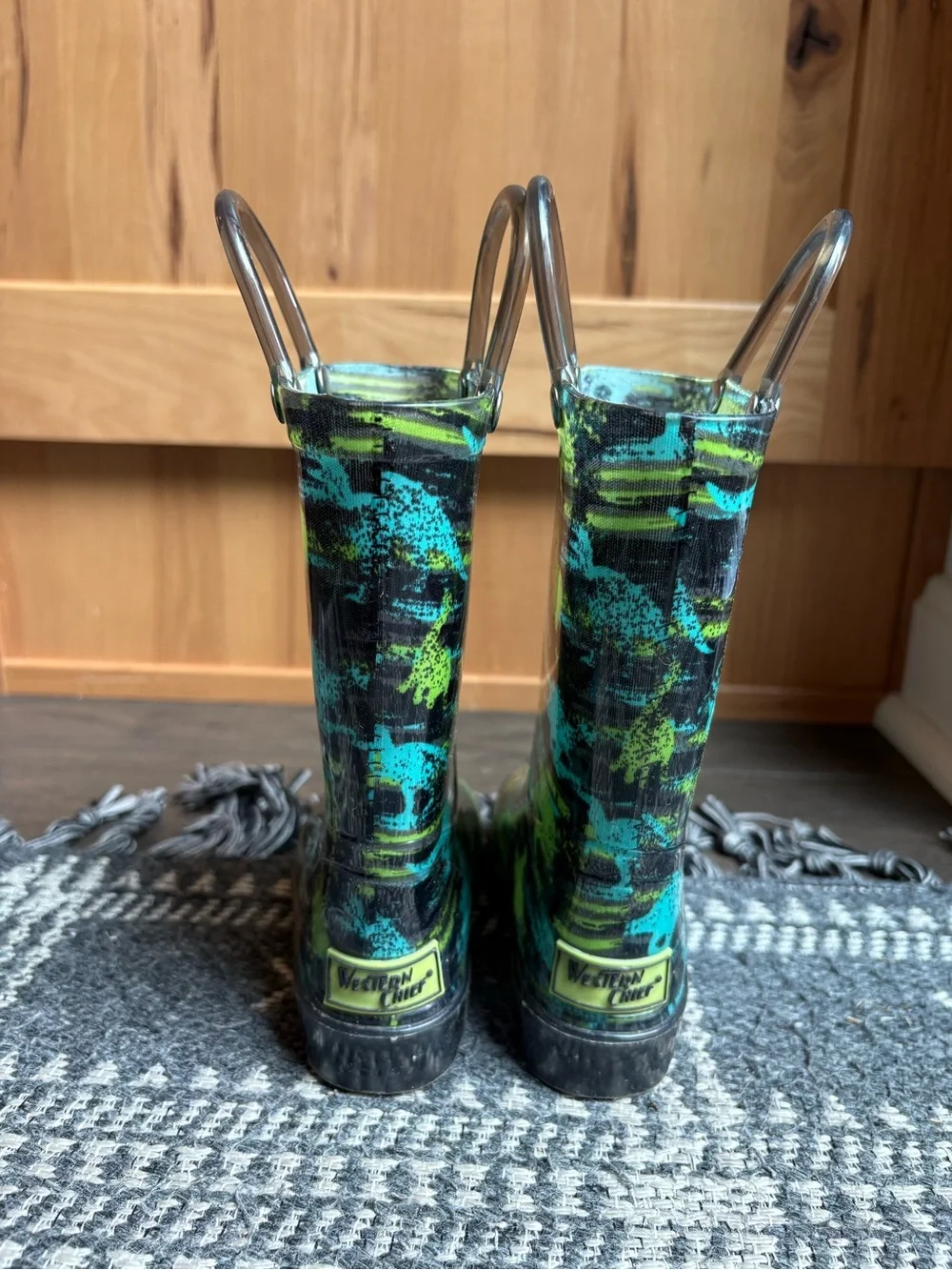 Western Chief Kids Teal & Lime Patterned Rain Boots with Pull Handles